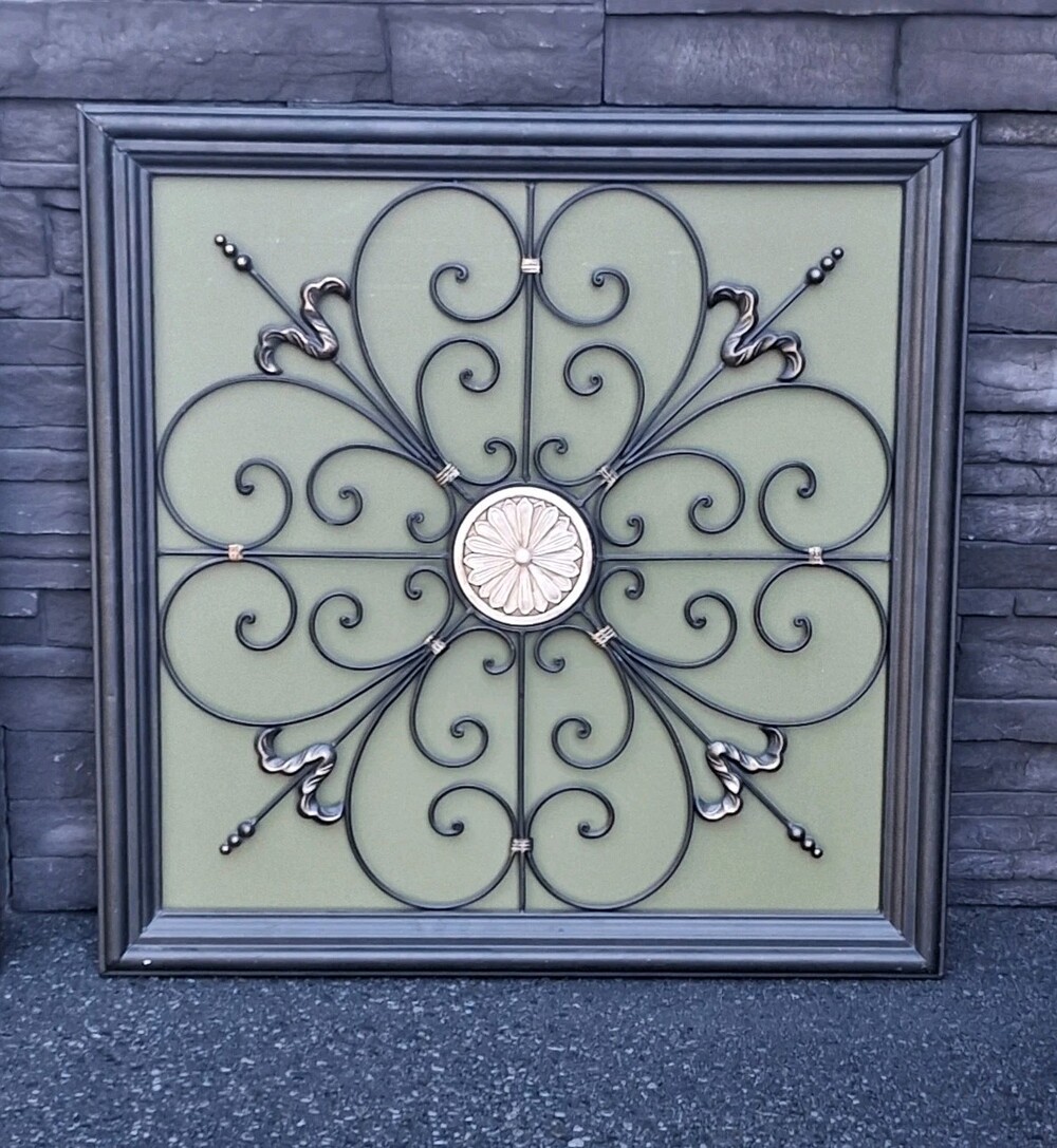 XL-Iron/Metal Scroll Wall Art Plaque;Square Medallion Sage Green Backing; Framed